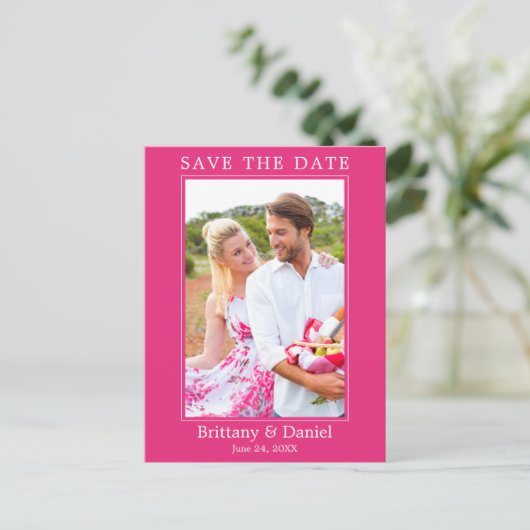 Moderne eenvoudige foto slaat de datum warm roze o briefkaart (Staand voorkant)