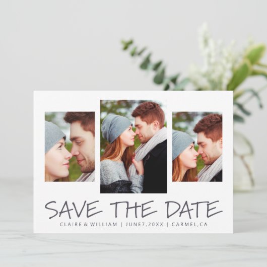 Moderne eenvoudige fotocollage slaat de datumkaart save the date (Staand voorkant)