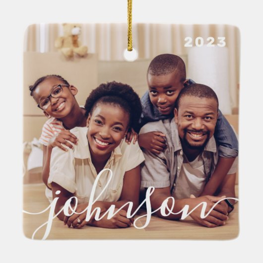 Moderne eenvoudige foto's van afspeelbare Script-s Keramisch Ornament (Achterkant)