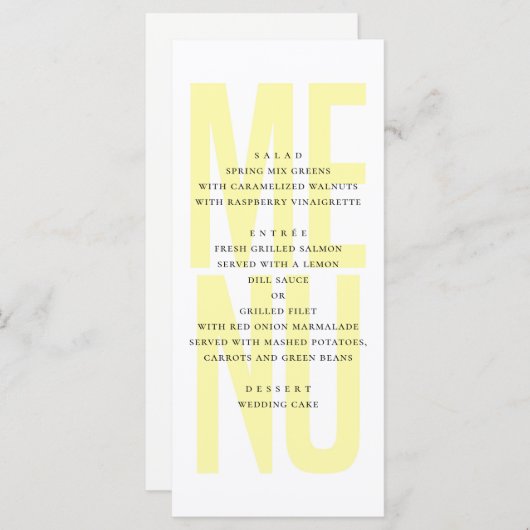 Moderne eenvoudige gele typografie bruiloft diner menu (Voorkant / Achterkant)