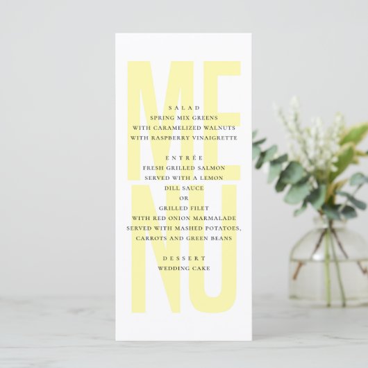 Moderne eenvoudige gele typografie bruiloft diner menu (Staand voorkant)