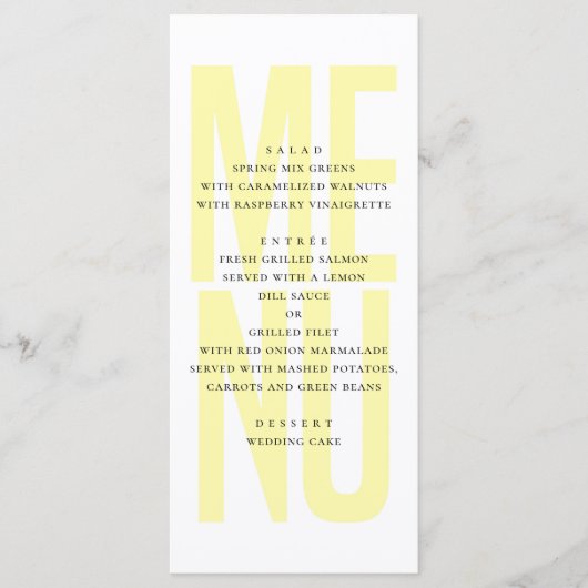 Moderne eenvoudige gele typografie trouwdiner menu (Voorkant)