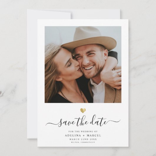 Moderne, eenvoudige Gold Dusty Blue Script Save The Date (Voorkant)