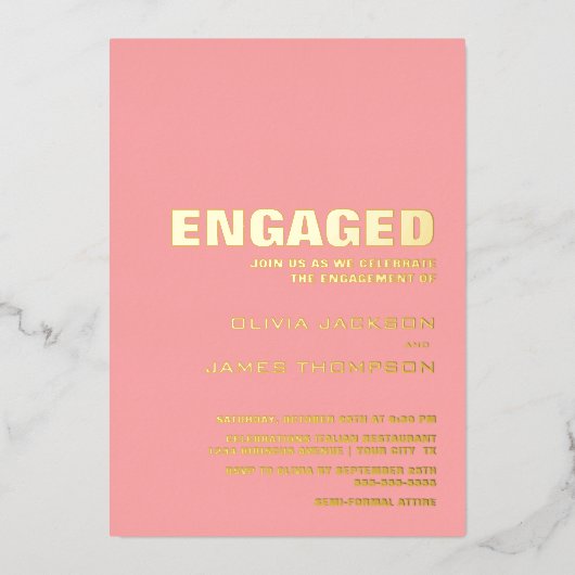 Moderne Eenvoudige Gold Text Pink Engagement Party Folie Uitnodiging