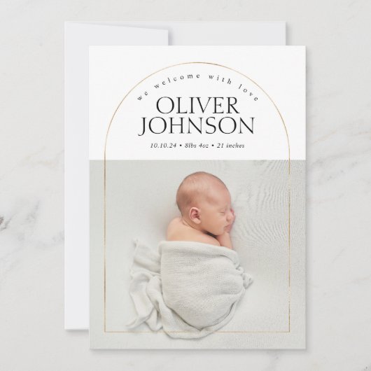 Moderne Eenvoudige Golden Arch Baby Foto Geboorte Aankondiging (Voorkant)