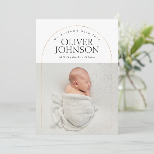 Moderne Eenvoudige Golden Arch Baby Foto Geboorte Aankondiging (Staand voorkant)