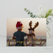 Moderne eenvoudige gouden foto Vrolijk Kerstfeest Folie Feestdagenkaart (Staand Voorkant)