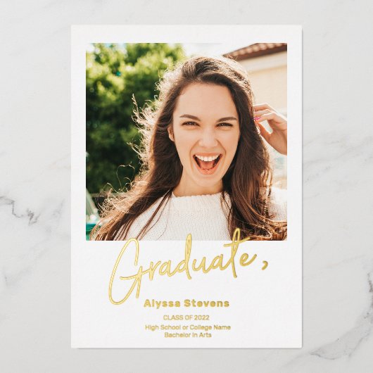 Moderne, eenvoudige gouden foto's afstuderen 2 folie uitnodiging (Voorkant)