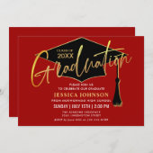 Moderne Eenvoudige Gouden Rood Afstudeerfeest Kaart (Voorkant / Achterkant)