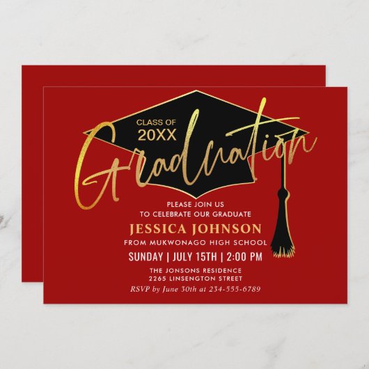 Moderne Eenvoudige Gouden Rood Afstudeerfeest Kaart (Voorkant / Achterkant)