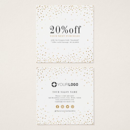 Moderne, eenvoudige goudhoudende kortingskaart vierkante visitekaartjes (Voorkant /achterkant)