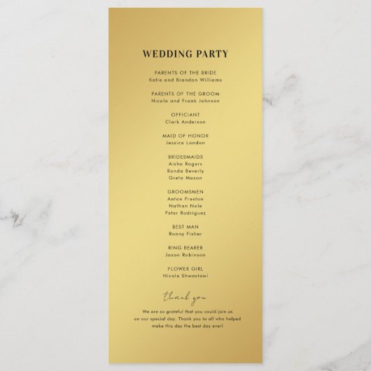 Moderne Eenvoudige Gradiënt Goud & Zwarte Huwelijk Programmakaart (Achterkant)