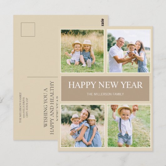 Moderne Eenvoudige Happy Nieuwjaar Foto van 4-seri Briefkaart (Voorkant / Achterkant)
