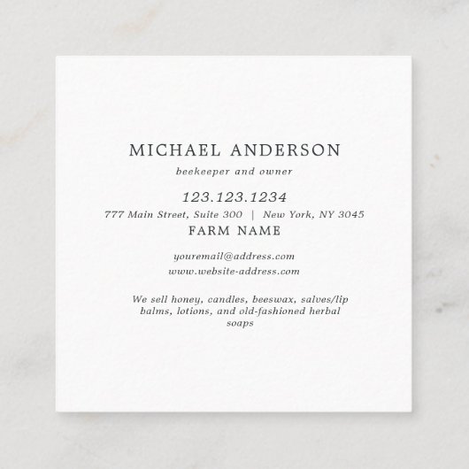 Moderne  Eenvoudige honingbundel voor bijen Vierkante Visitekaartje (Achterkant)