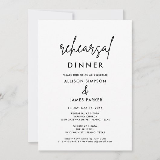 Moderne Eenvoudige Huwelijks-Oefenavond Eetgelegen Kaart (Voorkant)