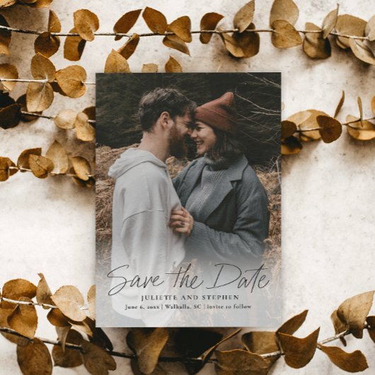 Moderne eenvoudige huwelijksfoto met script save the date