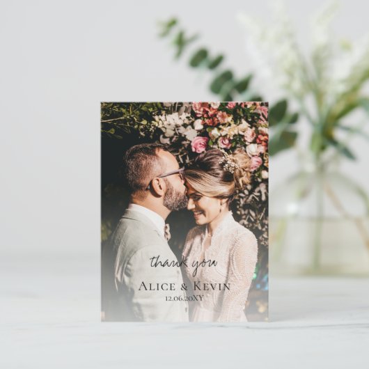 Moderne eenvoudige kalligrafie Foto bruiloft Bedan Briefkaart (Staand voorkant)