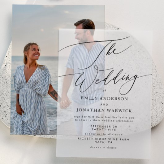 Moderne Eenvoudige Kalligrafie Huwelijk Zwart Vellum Uitnodigingen