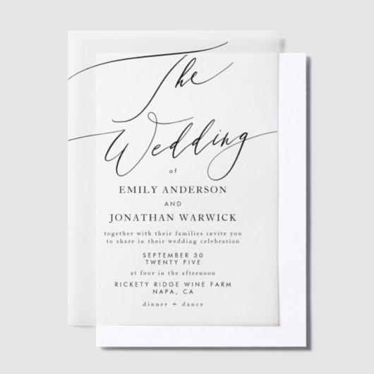 Moderne Eenvoudige Kalligrafie Huwelijk Zwart Vellum Uitnodigingen (Offset)