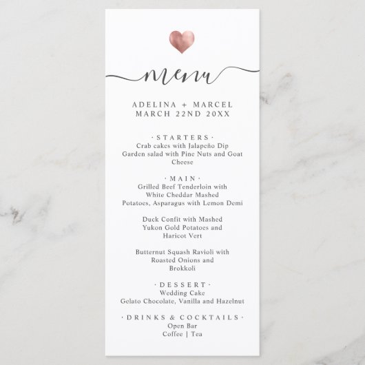 Moderne eenvoudige kalligrafie Roos Gold Heart Wed Menu (Voorkant)