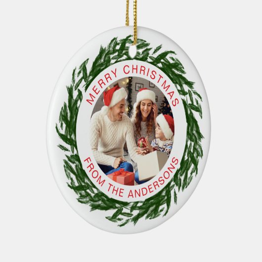 Moderne Eenvoudige Kerstkrans Familiefoto Keramisch Ornament (Rechts)