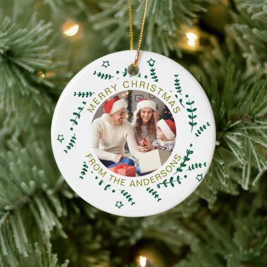 Moderne Eenvoudige Kerstkrans Familiefoto Keramisch Ornament (Boom)