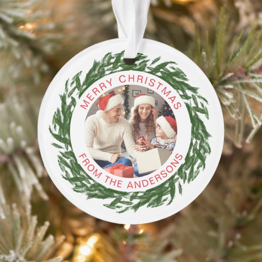 Moderne Eenvoudige Kerstkrans Familiefoto Ornament (Boom)