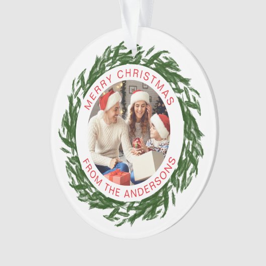 Moderne Eenvoudige Kerstkrans Familiefoto Ornament (voorkant)