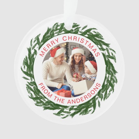 Moderne Eenvoudige Kerstkrans Familiefoto Ornament (voorkant)