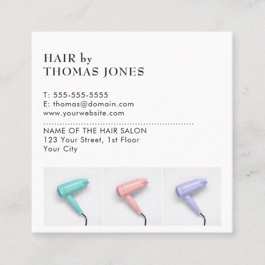 Moderne, eenvoudige, kleurrijke haardroger Haarsty Vierkante Visitekaartje (Voorkant)