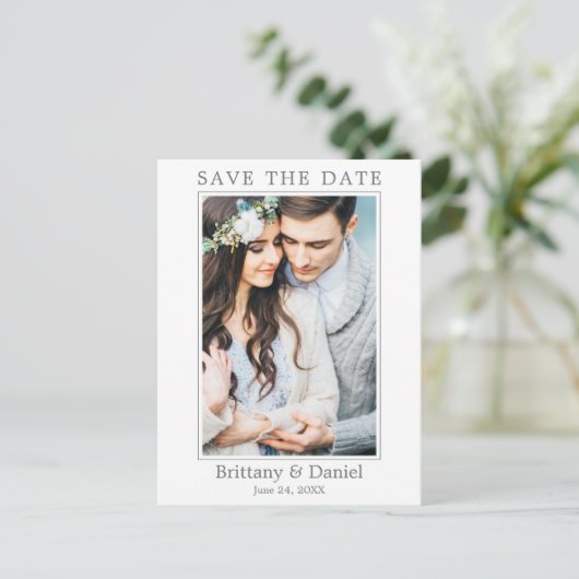 Moderne eenvoudige koppeling met de datum opslaan briefkaart (Staand voorkant)