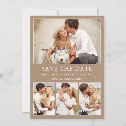 Moderne, eenvoudige Kraft 4-foto's Save The Date (Voorkant)
