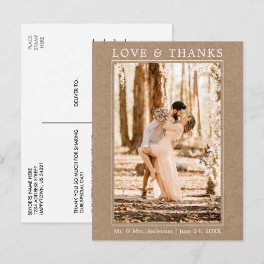 Moderne Eenvoudige Liefde Dank Foto Bruiloft Kraft Briefkaart (Voorkant / Achterkant)