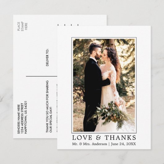 Moderne Eenvoudige Liefde Dank Trouwfoto Briefkaart (Voorkant / Achterkant)