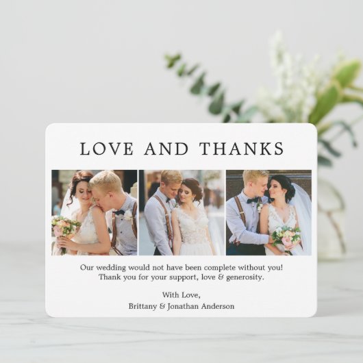 Moderne, eenvoudige liefdesfoto's 3 Foto's Bedankkaart (Staand voorkant)