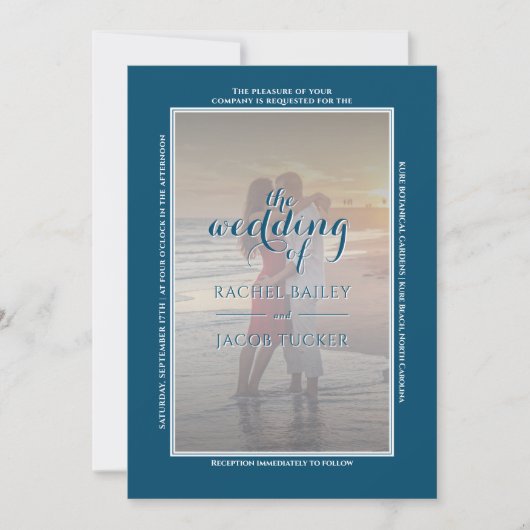 Moderne eenvoudige Lijst 2foto donkerblauwe bruilo Aankondiging (Voorkant)