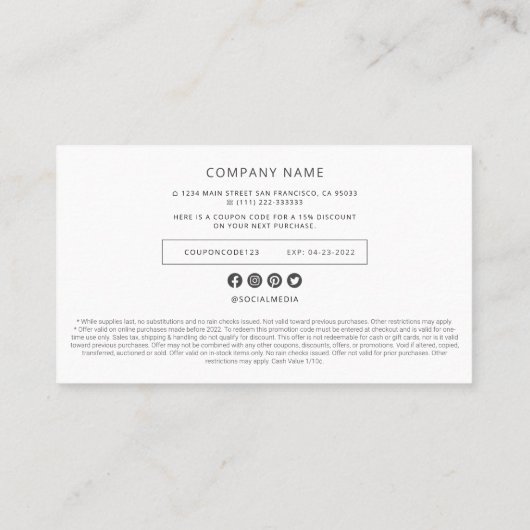 Moderne Eenvoudige Logo-coupon voor bedrijven Contactkaartje (Achterkant)