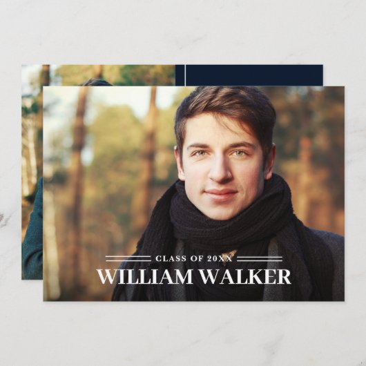 Moderne Eenvoudige marine 2 PHOTO Graduation Party Kaart (Voorkant / Achterkant)