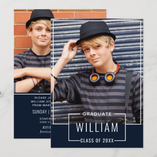 Moderne Eenvoudige marine 2 PHOTO Graduation Party Kaart (Voorkant / Achterkant)