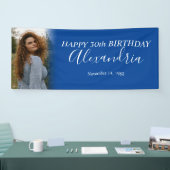 Moderne Eenvoudige Marine Blauw Wit Foto Verjaarda Spandoek (Beurs)