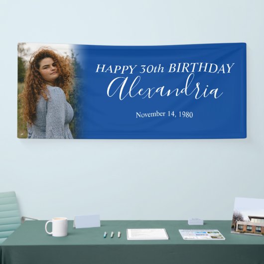 Moderne Eenvoudige Marine Blauw Wit Foto Verjaarda Spandoek (Beurs)