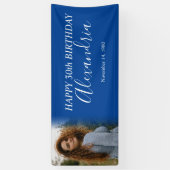 Moderne Eenvoudige Marine Blauw Wit Foto Verjaarda Spandoek (Verticaal)