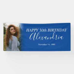 Moderne Eenvoudige Marine Blauw Wit Foto Verjaarda Spandoek