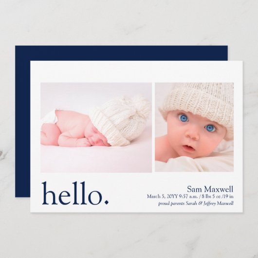 Moderne eenvoudige marine Hallo geboorteaankondigi Kaart (Voorkant / Achterkant)