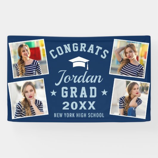 Moderne, eenvoudige marineblauw Afstuderen 4-FOTO- Spandoek (Horizontaal)