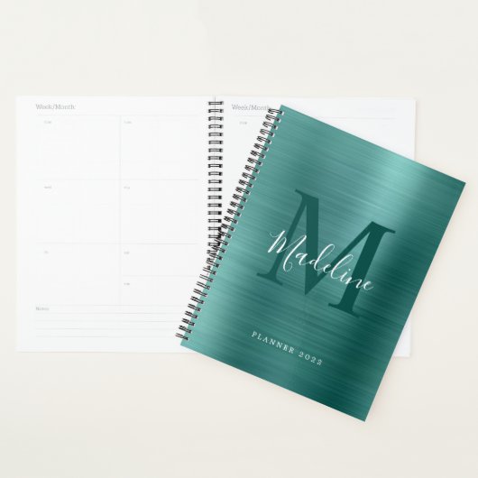 Moderne eenvoudige metalen Blauwgroen monogram geb Planner (Display)