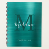 Moderne eenvoudige metalen Blauwgroen monogram geb Planner (Voorkant)