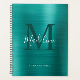 Moderne eenvoudige metalen Blauwgroen monogram geb Planner