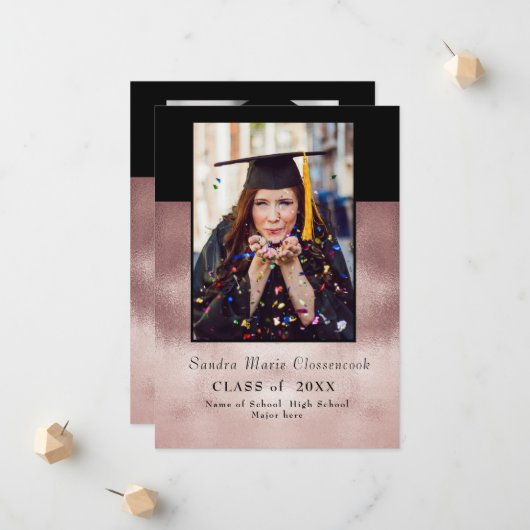 Moderne Eenvoudige Minimaal Roos Zwart afstuderen  Aankondiging (Voorkant / Achterkant in situ)