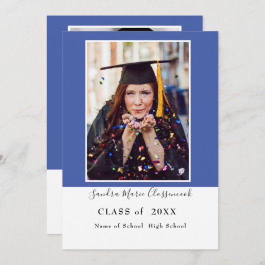 Moderne, eenvoudige, minimale blauwe Afstuderen Aankondiging (Voorkant / Achterkant)